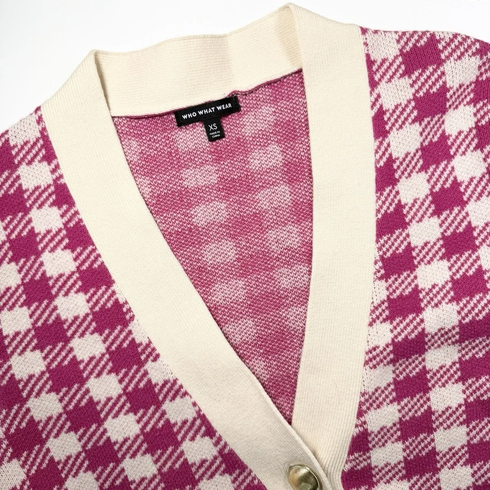 Who What Wear Women's Pink & Ivory Checked Cardigan Sweater XS Classic Old Money - Picture 4 of 10